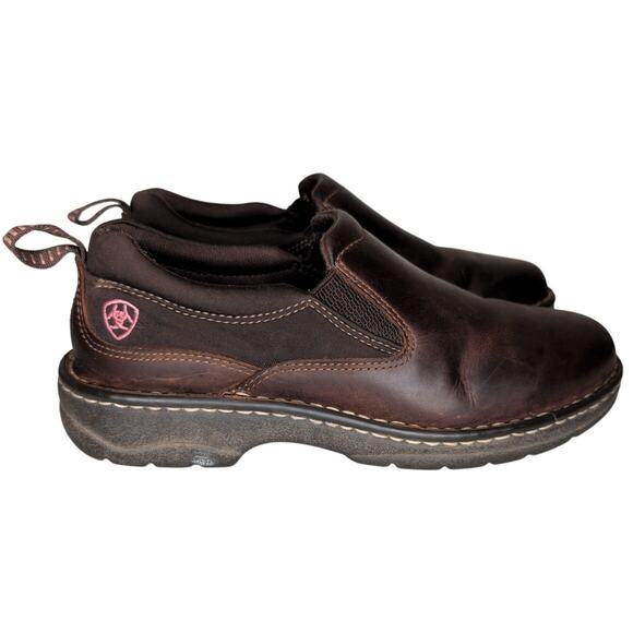 Ariat Women's 9B Traverse Slip-On Work Brown Leather Shoes Pink Logo Distressed - Picture 1 of 9